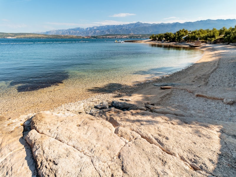 Malerischer Kieselstrand in Novigrad, Istrien, mit kristallklarem Wasser der Adria und schattenspendenden Bäumen an der Küste.
